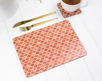 Orange placemat, orange tablemat, geometric table setting, orange pattern melamine, retro print, midcentury design, Alta print, Alta design,