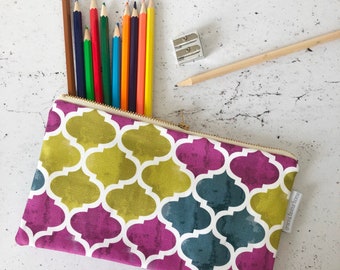 Catalina Pencil Case, green, purple and grey pencil pouch, zip close, waterproof lining, geometric trellis design, made in the UK