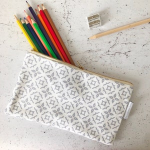 Meryam Pencil Case, grey, blue and white geometric moorish tiling pattern design, school pen pouch