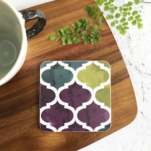 Catalina Coaster, geometric placemat with chartreuse green, amethyst purple and grey/green colours