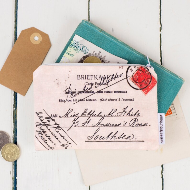 blue red and green featuring hand writing for coins orange Postcard Purse Vintage travel stamp make up bag