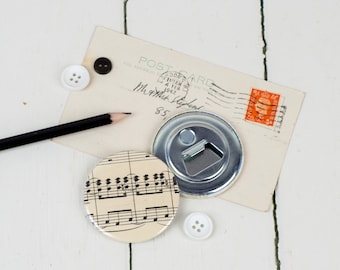 Music Bottle Opener, vintage sheet music, magnetic, stocking filler, small Christmas gift for man, music lover, classical, notes, gadget