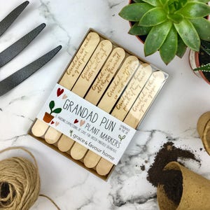 Grandad Plant Markers, Personalised fathers day gift for Grampy, Gardening puns, amusing phrase, Wooden engraved Grandpa present, gift boxed image 1