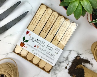 Grandad Plant Markers, Personalised fathers day gift for Grampy, Gardening puns, amusing phrase, Wooden engraved Grandpa present, gift boxed