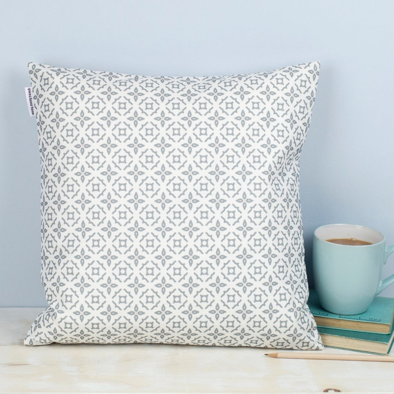 Meryam Cushion, Geometric Moorish tiling design, includes feather inner, blue and grey pattern on white square or rectangle pillow, gilda image 1