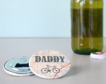 Personalised Daddy Magnetic Bottle Opener, Custom father's day gift, bespoke vintage map barware, hobby, father, dad