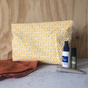 Suits Toiletry Bag, Mustard and grey pattern wash bag, yellow and white playing cards cosmetic bag, travel make up bag, bath zip pouch