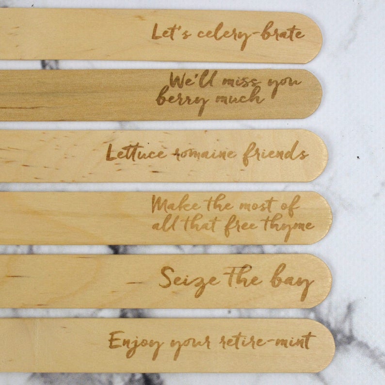 May include: Six wooden craft sticks with puns about vegetables and retirement. The text reads: "Let's celery-brate", "We'll miss you berry much", "Lettuce romaine friends", "Make the most of all that free thyme", "Seize the bay", and "Enjoy your retire-mint".