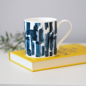 Paloma Mug, Abstract pattern bone china mug, blue and white pattern, made in the UK Dishwasher and microwave safe