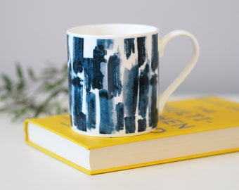 Paloma Mug, Abstract pattern bone china mug, blue and white pattern, made in the UK Dishwasher and microwave safe