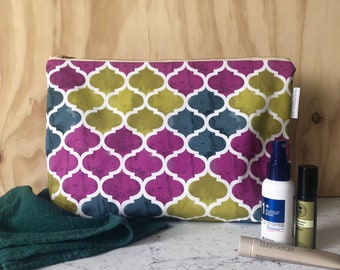Catalina Toiletry Bag, travel bag with green, grey and purple geometric pattern, waterproof lined wash bag, made in the UK
