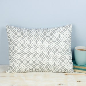 Meryam Cushion, Geometric Moorish tiling design, includes feather inner, blue and grey pattern on white square or rectangle pillow, gilda image 2