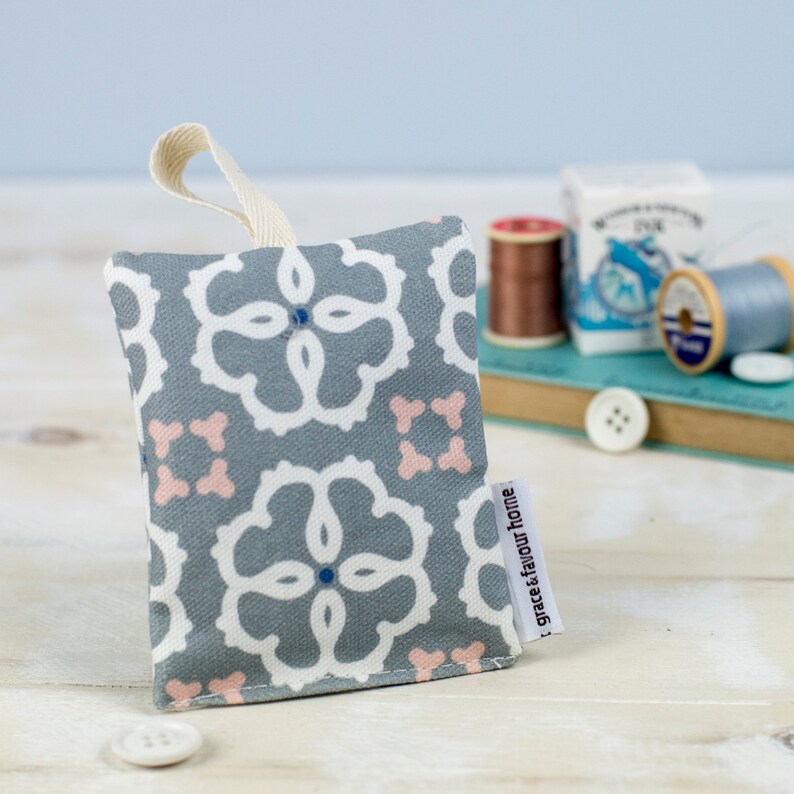 grey design with blue and pink accents gentle scent patterned fabric with British lavender for a gentle scent Ines Lavender Bag