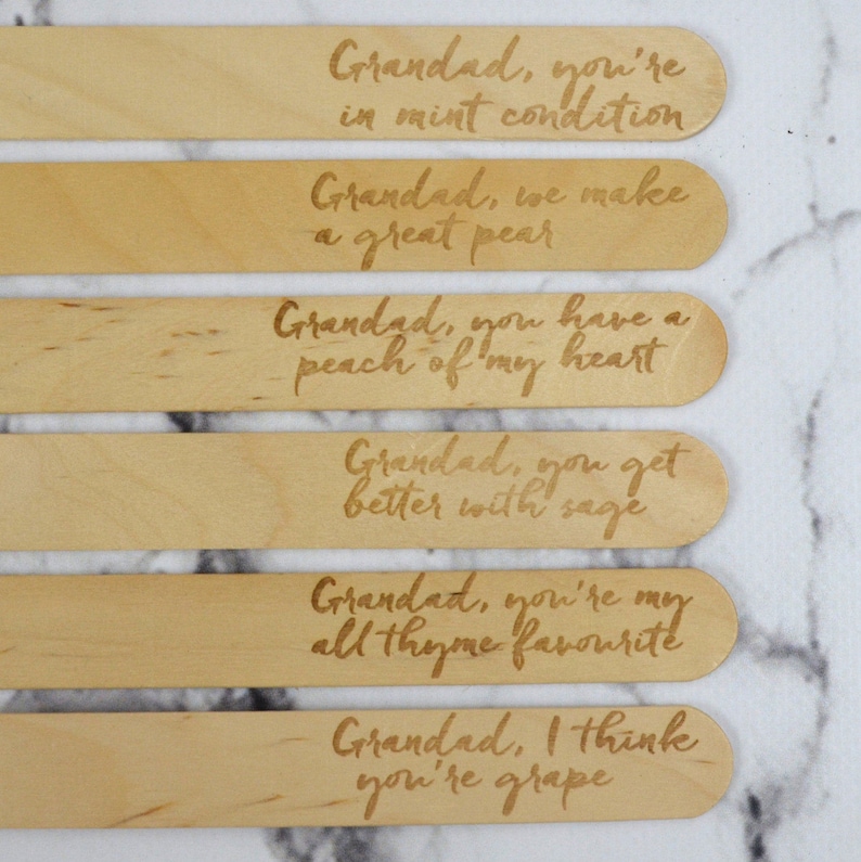 May include: Six wooden popsicle sticks with different messages about grandfathers, each with a pun using a fruit or herb name. The messages are: "Grandad, you're in mint condition", "Grandad, we make a great pear", "Grandad, you have a peach of my heart", "Grandad, you get better with sage", "Grandad, you're my all thyme favourite", and "Grandad, I think you're grape".