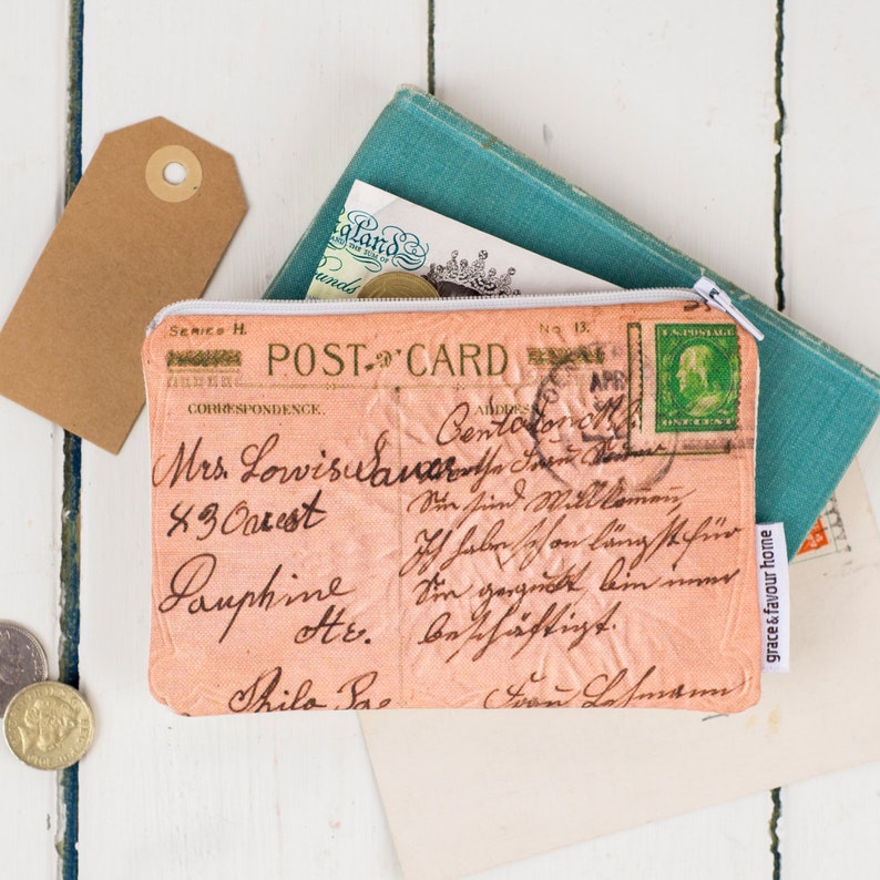 blue red and green featuring hand writing for coins orange Postcard Purse Vintage travel stamp make up bag