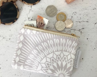 Nickel Purse, grey pattern make up pouch, zip bag, geometric design, dime collection, money and coins purse on a white background