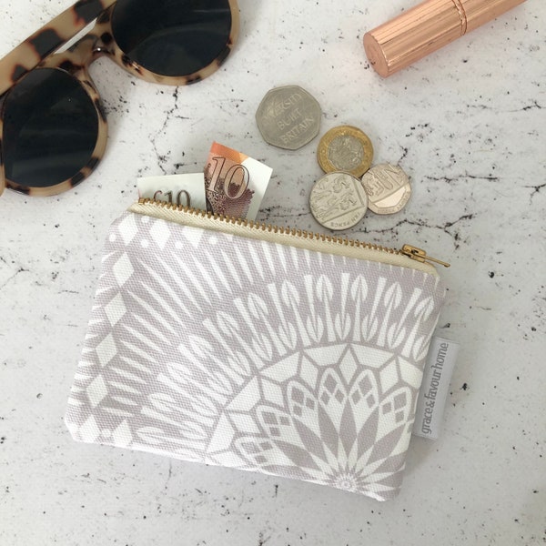 Nickel Purse, grey pattern make up pouch, zip bag, geometric design, dime collection, money and coins purse on a white background