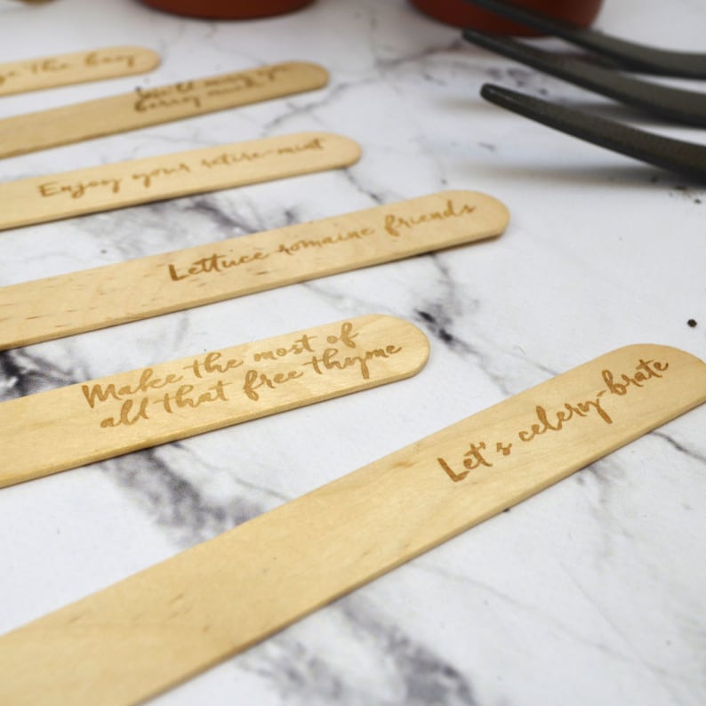 May include: Wooden plant markers with handwritten messages, including "Enjoy your nature-mint", "Lettuce romaine friends", "Make the most of all that free thyme", and "Let's celery-brate".