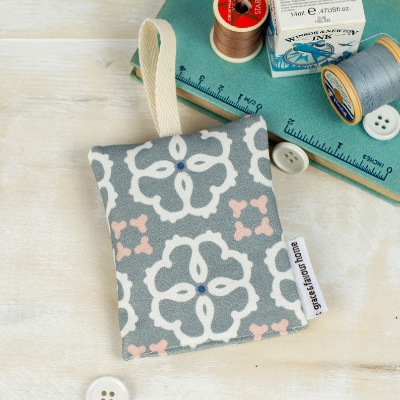 grey design with blue and pink accents gentle scent patterned fabric with British lavender for a gentle scent Ines Lavender Bag