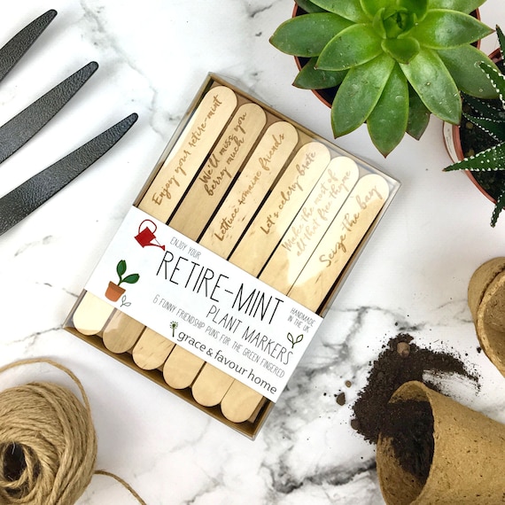 Retirement plant markers, Retiring gift, leaving present, funny gardening quotes, made in UK, free UK postage, Add organic seeds to grow