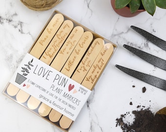 Love Plant Marker Set, Valentines Gift, Grow your own set of 6, love phrases for gardeners, wooden engraved markers, fathers day