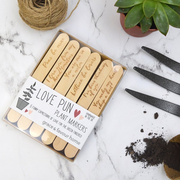 Love Plant Marker Set, Valentinstagsgeschenk, Wachsen Sie Ihr eigener Satz von 6, Liebesphrasen für Gärtner, aus Holz gravierte Marker, Vatertag