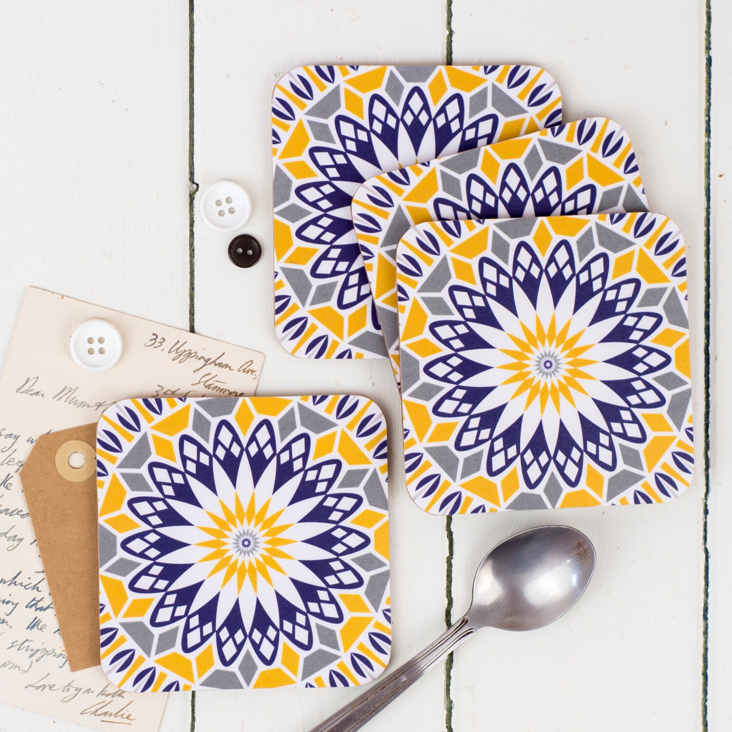 Dime Coasters, Motif de Carrelage Mauresque, Moutarde, Marine et Gris