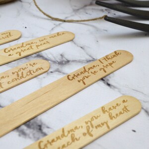 May include: Wooden craft sticks with handwritten messages on them. The messages are: "Grandma, we make a great pear", "Grandma, you're in condition", "Grandma, I think you're grape", and "Grandma, you have a peach of my heart".