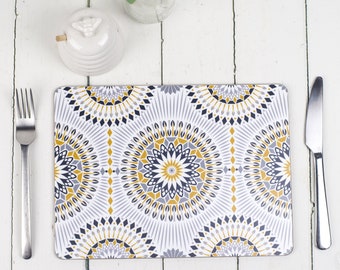 Dime Placemat, Mustard yellow, Navy blue and grey geometric pattern tablemat