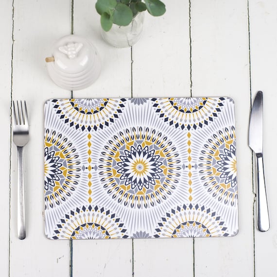 Scandi Geometric Placemat Set of Four Modern Grey /& Mustard Yellow Placemats