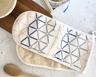 Double Oven Glove, Kenza Fabric, kitchen ware, oven mitt, pot holder, geometric, hexagon, pink, grey, blue and white, made in the UK