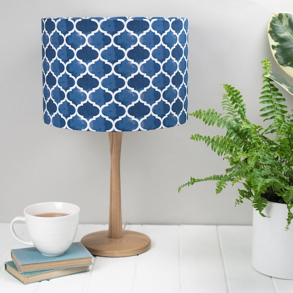 Indigo blue Lampshade, Isabel design fabric, geometric pattern, lighting,  home decor, ceiling light, pendant, drum lampshade, contemporary