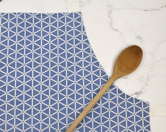 Geometric Pattern Kitchen apron, blue, white hexagon design, made in UK, free UK postage, protective apron, kitchenware, Karin fabric