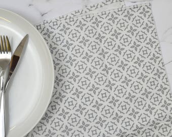 Meryam Tea Towel, geometric design, moorish tiling pattern, white, grey and pink detail, made in UK, free UK postage, gilda range
