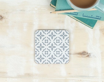 Meryam Coaster, moorish tiling design, pretty geometric pattern, grey, pink and blue drink tablemat, placemat from our Gilda range