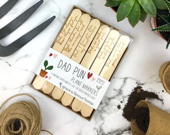 Fathers Day wooden Plant Markers, Fun gift for Dad, amusing gardening puns present for Daddy, set of six, Organic Seeds can also be included