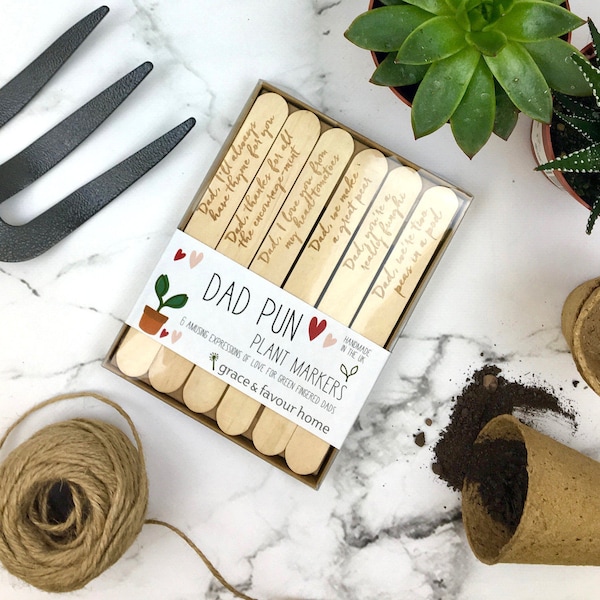 Fathers Day wooden Plant Markers, Fun gift for Dad, amusing gardening puns present for Daddy, set of six, Organic Seeds can also be included