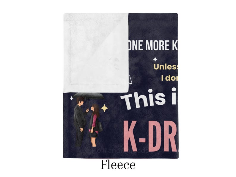 Close-up of a cozy K-Drama Watching Blanket, featuring a romantic couple under an umbrella and playful quotes, perfect for K-drama fans.