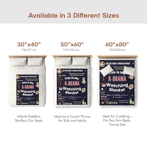 Blanket size chart showing 30x40 inches (small), 50x60 inches (medium), and 60x80 inches (large). Helps choose the perfect size for kids, couches, or beds.