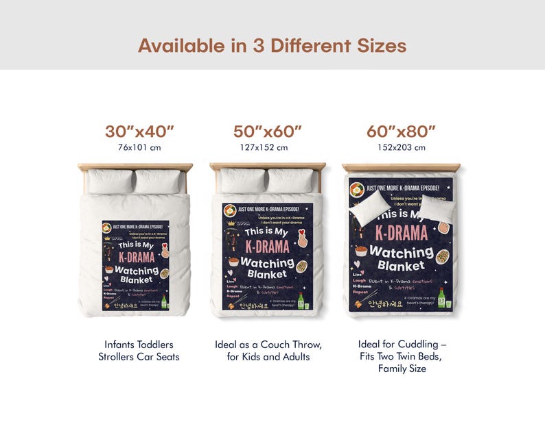 Blanket size chart showing 30x40 inches (small), 50x60 inches (medium), and 60x80 inches (large). Helps choose the perfect size for kids, couches, or beds.