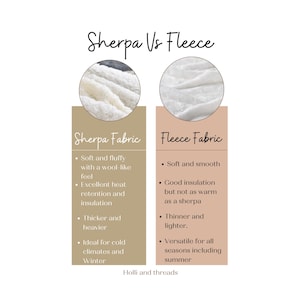 Sherpa vs. Fleece Fabric Chart: Fleece is soft, smooth, lightweight, and all-season, while Sherpa is thick, fluffy, and warm for cold weather.