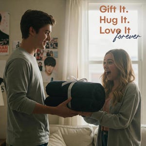 May include: A person gives a gift of a navy blue blanket wrapped in white ribbon to another person. The text "Gift It. Hug It. Love It forever" is written in white on a brown background.