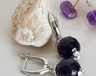 Handmade gift for her, amethyst bead drop earrings, dangle anti allergic earrings