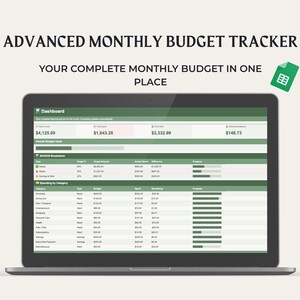 Geavanceerde maandelijkse budgettracker Google Spreadsheets, inkomsten- en onkostenplanner, 50/30/20-tracker
