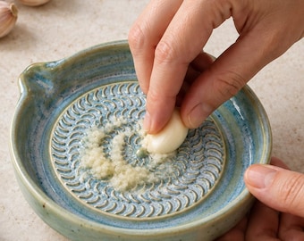 Handmade Ceramic Grater Plate : Blue Green Pottery Dish for Ginger,Lemon,Parmesan and Garlic