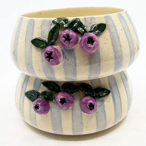 May include: Two stacked ceramic bowls with a cream and light blue striped pattern. Each bowl is decorated with three purple blueberry clusters with green leaves. The bowls have a rounded shape and a light beige interior.