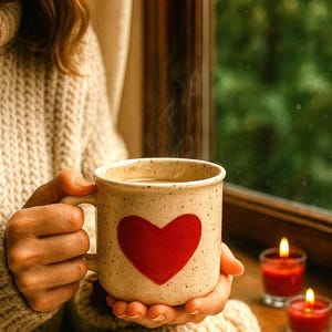 May include: A beige ceramic mug with a large red heart design. The mug is filled with a hot beverage, and steam rises from the top. Two lit red candles and red rose petals are in the background.