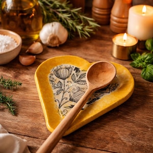 May include: A wooden spoon rests on a heart-shaped yellow ceramic spoon rest with a floral design. The kitchen scene includes olive oil, garlic, rosemary, salt, and lit candles, creating a warm, inviting atmosphere.
