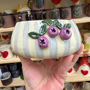 May include: A ceramic bowl with a cream and blue striped pattern, adorned with three purple blueberry sculptures and green leaves. The bowl is held in a hand, with other ceramic items visible on shelves in the background.
