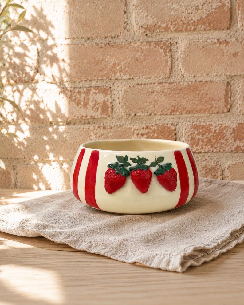 May include: A cream-colored ceramic bowl with red vertical stripes and three raised strawberry designs. The strawberries are red with green leaves. The bowl sits on a beige linen cloth.